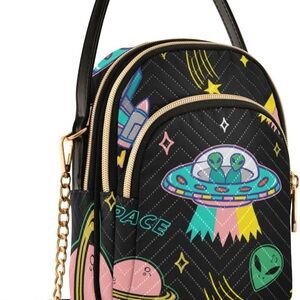 Alien Extraterrestrial Spaceship Print Black Crossbody Handbag Purse